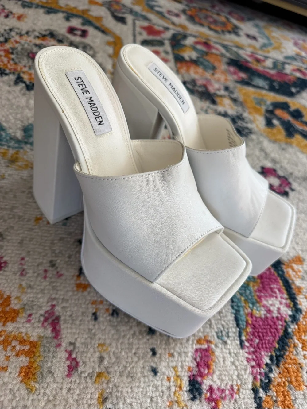 Steve Madden Trixie Leather Platform Slide Sandals Y2K White 8.5 New Chunky Heel